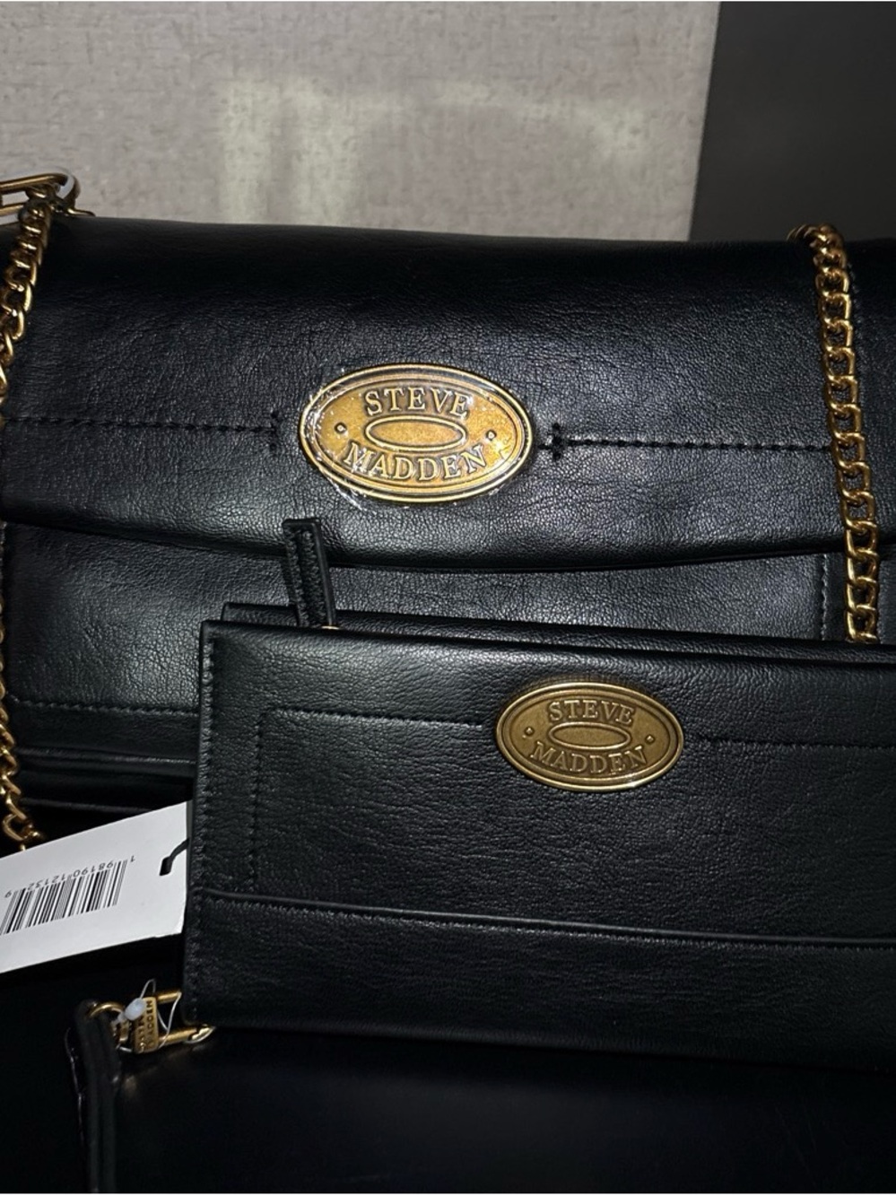 Steve Madden Black Leather Crossbody Bag with Gold Accents and Matching Wallet